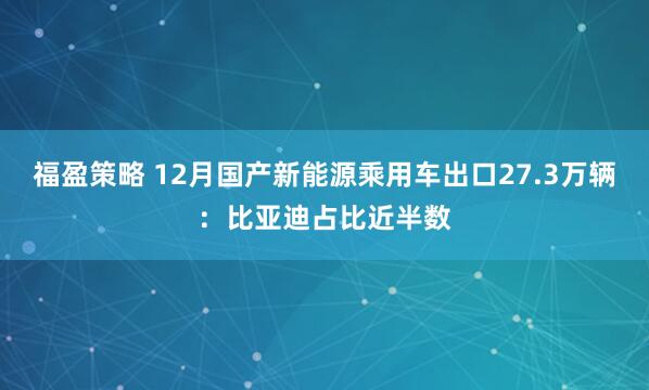 福盈策略 12月国产新能源乘用车出口27.3万辆：比亚迪占比近半数